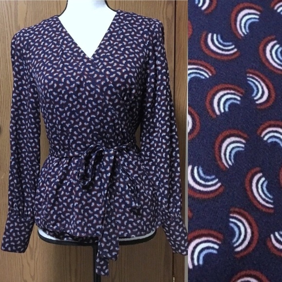 Boden Navy Rainbow Arc Wrap Blouse - Picture 2 of 7